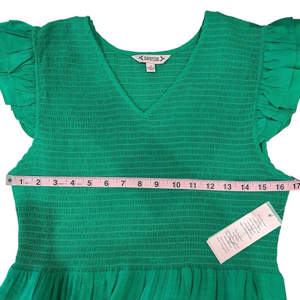 Nanette Lepore Smocked Midi Dress Flutter Sleeve Ruffle Hem Green 12 NWT - Picture 10 of 16